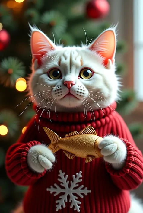 (( masterpiece fails,  color spots ,  Highest image quality ,  high resolution,  photorealistic, RAW Photo,  extremely detailed CG combined wallpapers 8k)), Cats in sweaters attach ornamental fish to the Christmas tree,