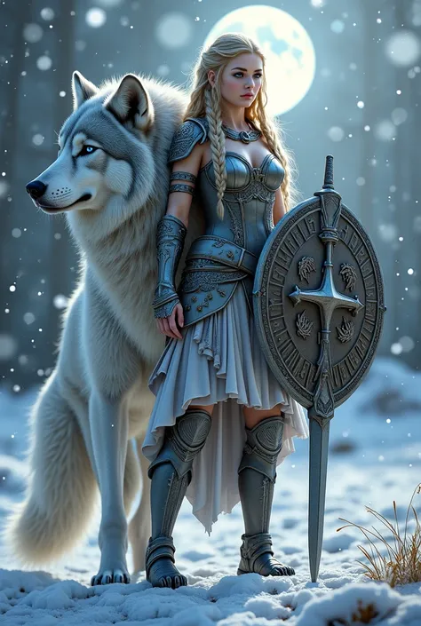 Fusion of Blonde Viking Woman and Giant Wolf

An awe-inspiring fusion of a blonde Viking shieldmaiden and a massive silver wolf, standing on a snowy battlefield. Her body is a blend of human and lupine features: her arms are strong and clawed, covered with...