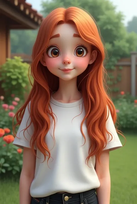 Realistic portrait of a 16-year-old girl with long, straight red hair that reaches below her shoulders, with soft waves at the ends. She has large, expressive eyes, and her cheeks are dotted with a few freckles. Her lips are shaped like a heart, with a thi...