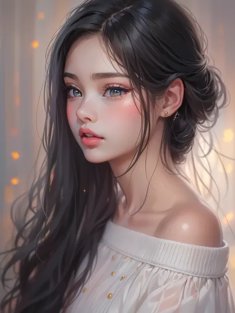 Hyper-realistic,photorealistic,a beautiful young girl, Age 15、detailed face, Thick lips、Glossy lips、 kind,long black hair,  off-shoulder white sweater dress that opens the center of the lips slightly,  amazing high definition painting