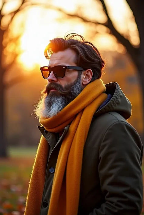 there is a man with a beard and sunglasses wearing a scarf, sunglasses and a scarf, wearing a scarf, inspired by Gianfredo Camesi, fall season, wearing a parker, in sunny weather, flowing golden scarf, autumn season, by Jan Rustem, inspired by Agnolo Gaddi...