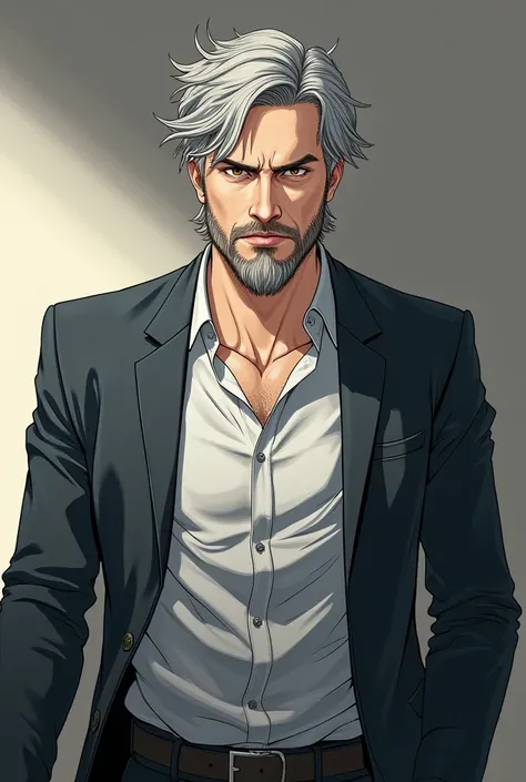  create an anime-style image of a man with his gray hair and penetrating look of brown eyes ,  he presents himself as a somewhat enigmatic figure .  He wears a business-casual suit ,  but with a messy touch that reflects his lack of concern for formalities...