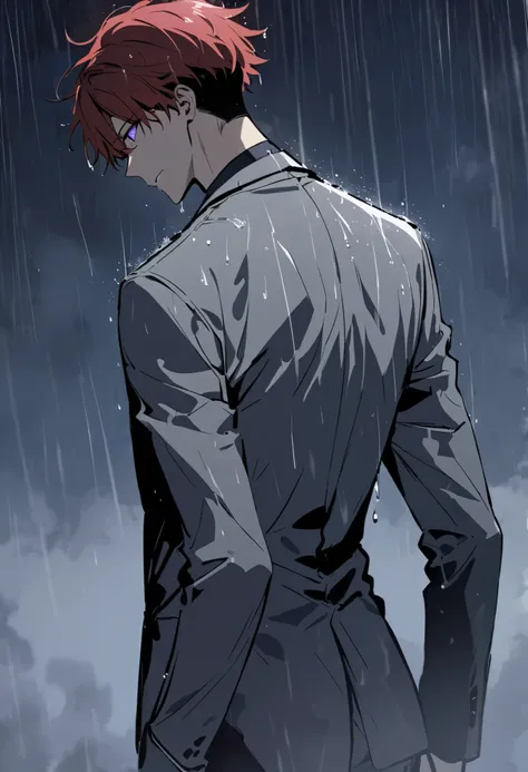 A young man with red hair and purple eyes in a gray suit stood alone with his back turned halfway in the rain, with lightning all around him at night.