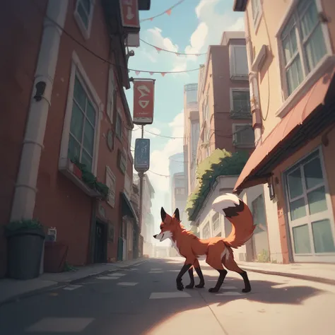 furry feral fox, coming out from a alleyway, low angle