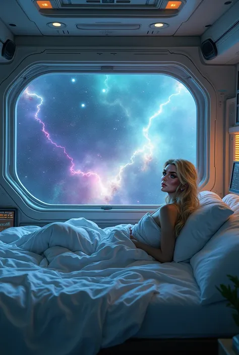 A blonde woman in her forties, covered up in the bed sheets wakes up in a vast bedroom on an alien spaceship. Outside the window is a colorful nebula. Within her room are screen monitors and a large stasis tube 