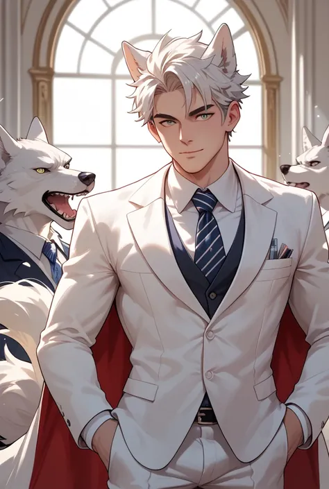 Man with white wolf features in a white suit