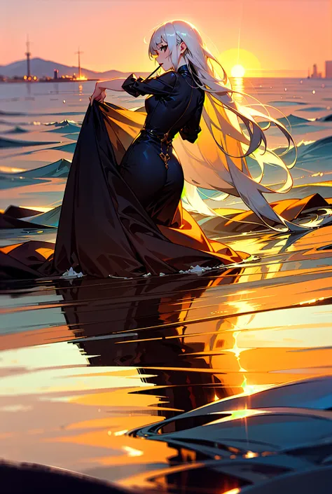 A woman with a little yellowish-white hair, black eyes, a red mouth, wearing a long dress of lovers, with the back of the sea at sunrise.