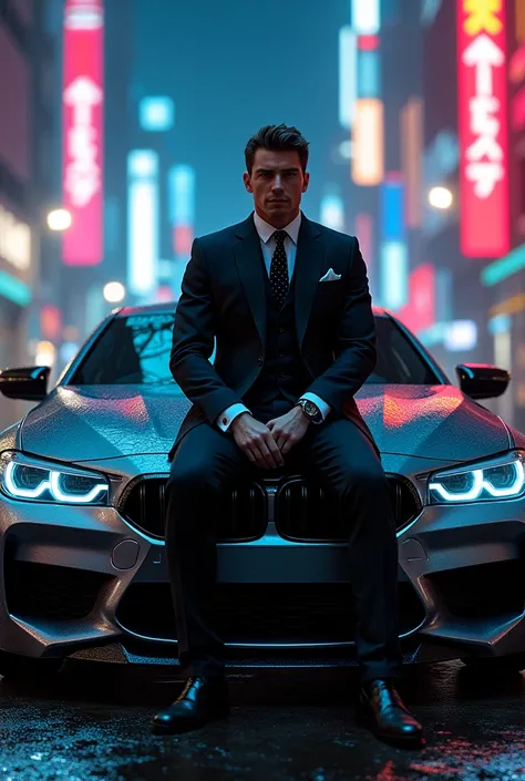 Can you create a visual image with a cigar suit by sitting on the bonnet of a Bmw rs6 by giving a cyberpunk effect with neon colors in the background