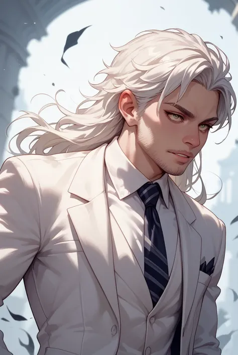 A werewolf with white hair and a white suit