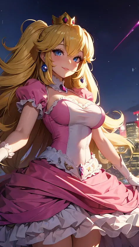  the cowboy shot,(from below), princess peach , (Blonde),  blue eyes,  long hair, crown,  dress, gem,  gloves, (pink  dress), puffy Short sleeve,  puffy sleeve, Short sleeve, white  gloves,Curvy, Big Breasts, seductive smile ,masterpiece, noise reduction ,...