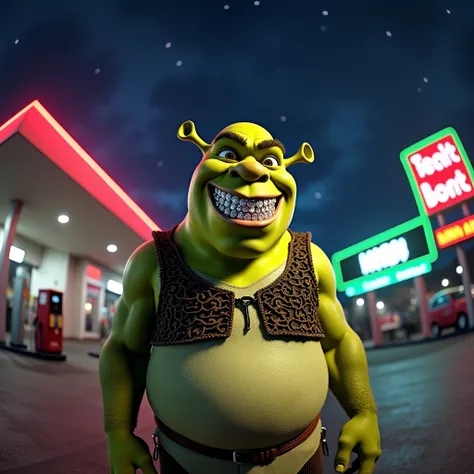 Create Sherk outside a gas station at night smiling with diamonds on his teeth with a 3D fisheye camera