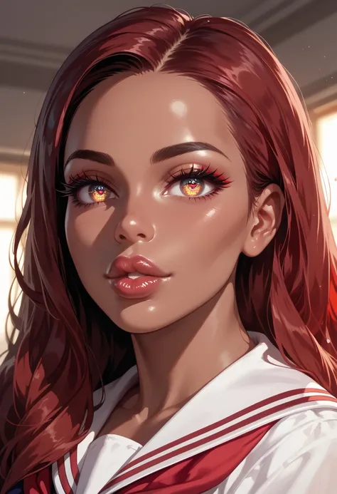 a girl with dark red hair, sharp eyes, brown skin, plump lips, voluptuous body, school uniform, low-detailed,(cartoon) portrait,cinematic lighting,dramatic lighting, face, beautiful detailed eyes, plump lips, extremely detailed eyes and face, long eyelashe...