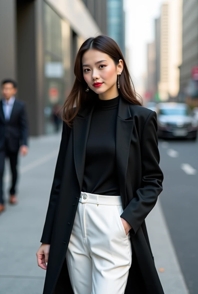 Wanita ber black and white clothes  berdiri di trotoar di samping gedung,  Dressed in eloquent long clothes ,  elegant girls in urban clothes ,  Chinese women fashion models ,  black and white clothes ,  Long Black Jacket ,  wearing black modern clothes , ...