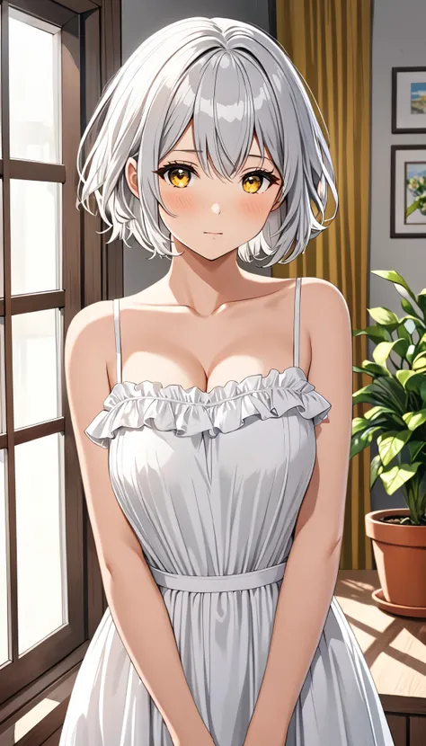 1girl, solo, looking at viewer, blush, short hair, large breasts, closed mouth, cleavage, bare shoulders, standing, collarbone, yellow eyes, white hair, grey hair, cowboy shot, frills, indoors, white dress, bare arms, sleeveless dress, window, frilled dres...