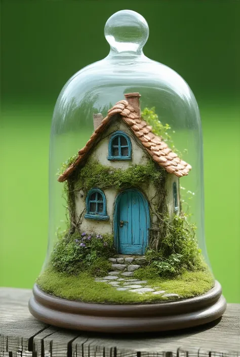 Create a transparent glass bell .  Inside the glass bell , an old house, wooden roof ,  blue door and green wooden windows .  Around the house there is a lush lawn