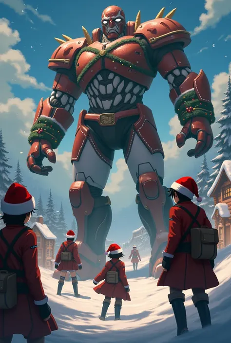 Attack on Titan with Christmas hats 