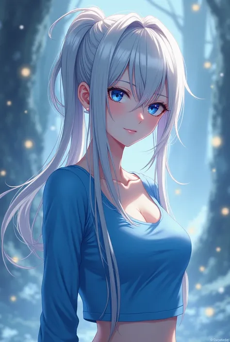 Beautiful girl with long, shaved hair in front with a ponytail ,a tie and a blue short top with long sleeves, black eyes and pale anime style or arcane series