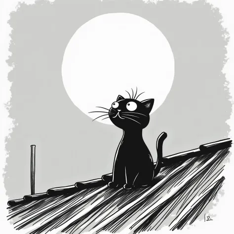 Minimalist black and white sketch ,  cat on hot tin roof Mustaches looking at the bright full moon chibi