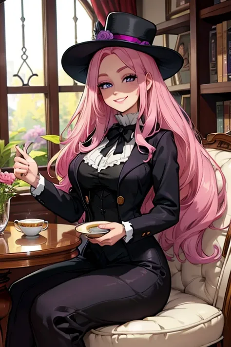 Perfect face. Perfect hands. A pink haired woman with violet eyes with an hourglass figure in a Victorian black suit is smiling while drinking tea in a library with a big smile