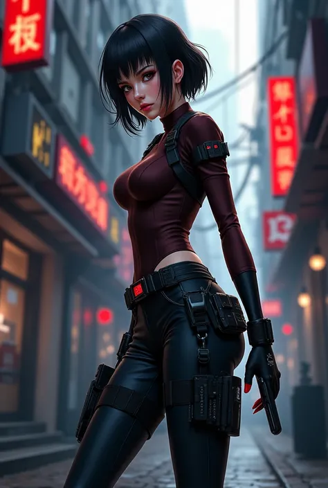 I imagine an anime-style female spy with a big ass trage brown black pants