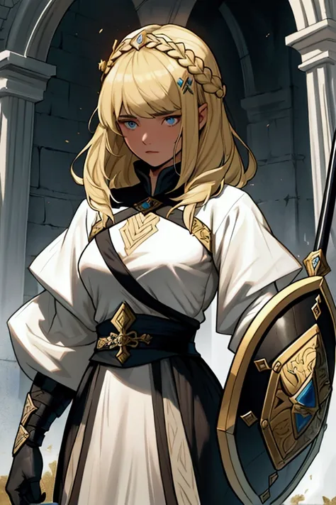  A young girl from the kingdom of Bryndor . She is the daughter of a great general .  Her weapon is a large shield that she carries on her back.  Her hair is short and blonde .  She struggles to become like her father . 