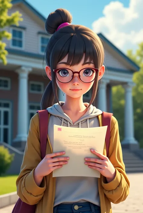 A 17-year-old girl stands IN FRONT OF THE SCHOOL, reading a letter and holding a magnifying glass in her hands. 