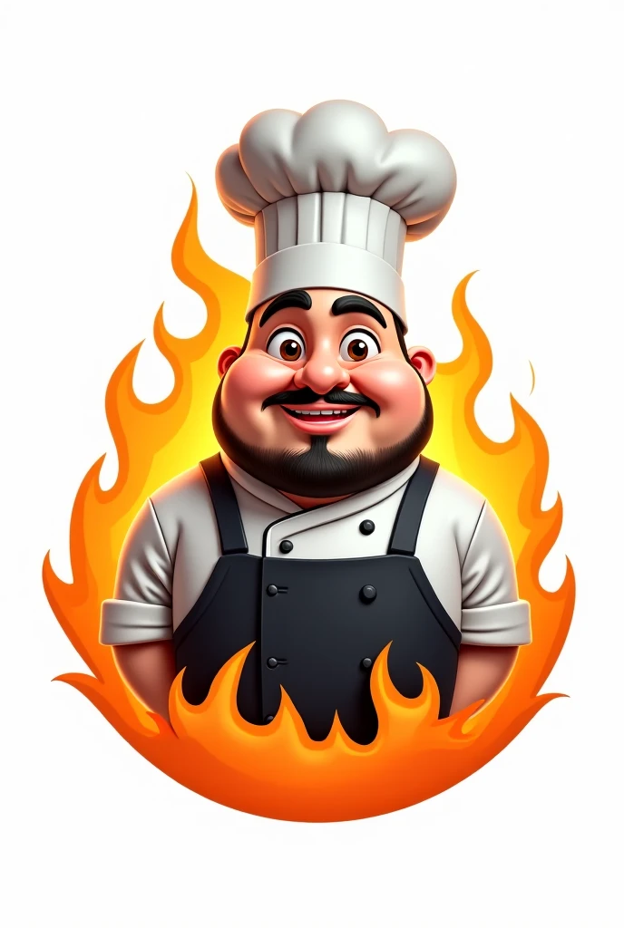 The logo is a white-skinned chef with Syrian features. He has brown eyes, a mustache and a black beard. The face is fat and the body wears black and white with a white background and a fire that wraps around it to give mixed excitement 