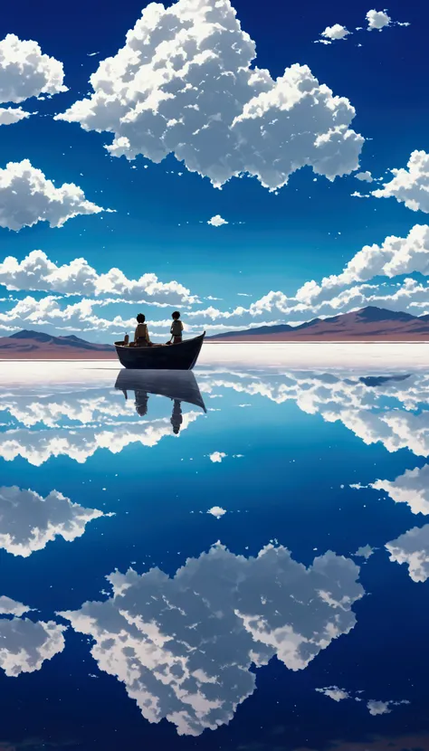  Draw simple art in the Tintinpixai style ,  a small boy  navegando en un bote in a large body of water with clouds in the sky, In the Uyuni salt flats, Incredible reflections  del cielo, nubes cristal Incredible reflections , Beautiful reflection, Impress...