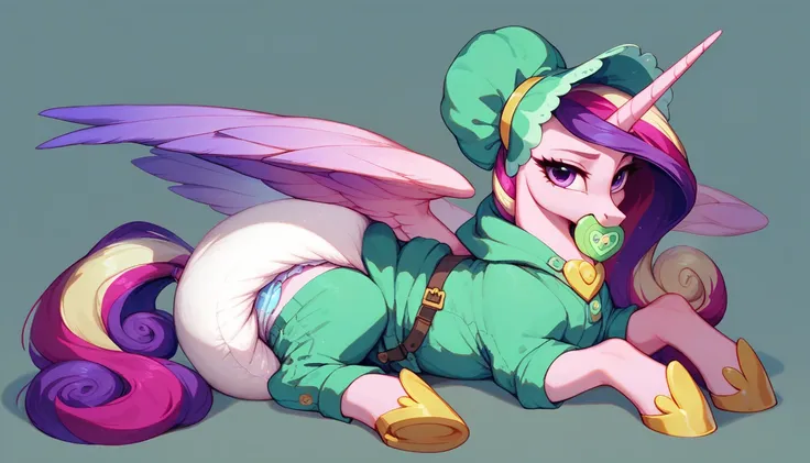 alicorn pony alone , princess cadence, adult mare, the mane is assembled in a green bonnet ,  purple eyes,  sits on a soft play mat , dressed in a green onesie,  green pacifier in her mouth , solo, thick diaper under clothes,  simple background. 