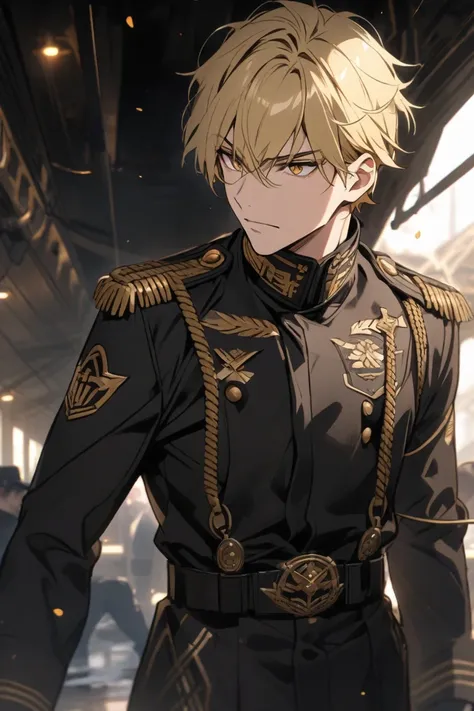 blond hairs, man, short hair, golden eyes, military, Black military outfit, 
