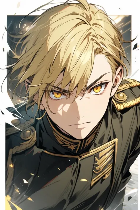 blond hairs, man, short hair, golden eyes, military, Black military outfit, 
