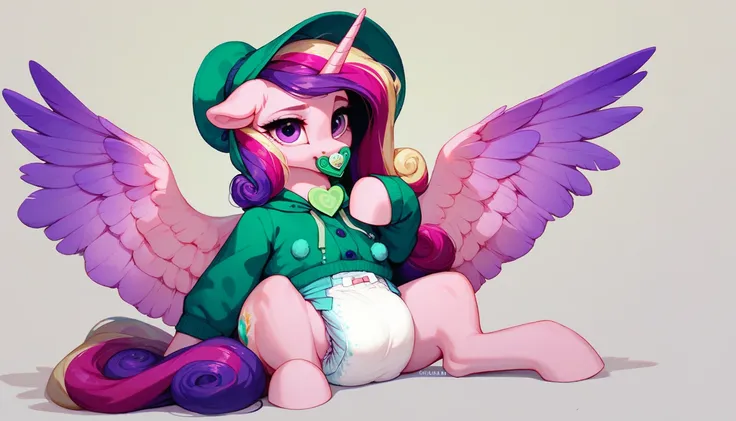 alicorn pony alone , princess cadence, adult mare, the mane is assembled in a green bonnet ,  purple eyes,  sits on a soft play mat , dressed in a green onesie,  green pacifier in her mouth , solo, thick diaper under clothes,  simple background. 