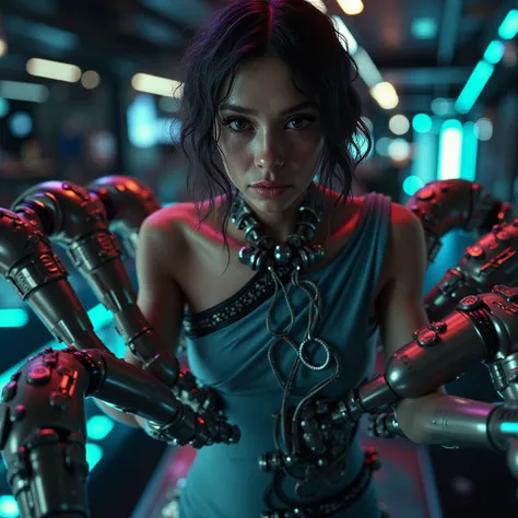 girl with 6 cybernetic implant arms, beautiful detailed eyes, beautiful detailed lips, extremely detailed face, long eyelashes, futuristic dress, intricate cyberpunk details, intricate mechanical parts, glowing neon colors, dramatic lighting, cinematic com...