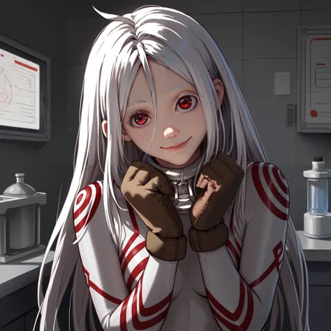 1girl,solo,shiro (deadman wonderland),albino,white hair,cowlick,white eyebrows,colored eyelashes,red eyes,collar,white bodysuit,skin tight,brown mittens,
indoors,laboratory,
cowboy shot,standing,hands up,smile,closed mouth,head tilt,, score_9, score_8_up, ...