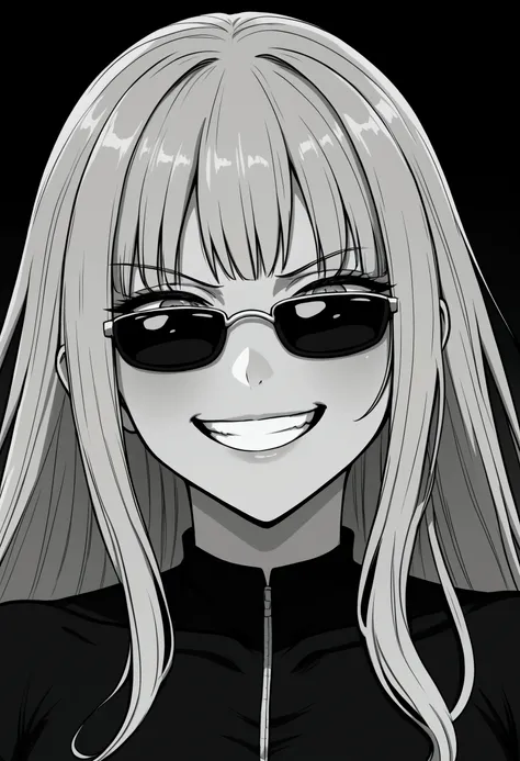 Close up shot of a crazy lady in sunglasses, hyper exaggerated perspective, hyper exaggerated pose,  platinum blonde emo edgy woman, menacing grin, black and white manga style, dark setting, full body in frame