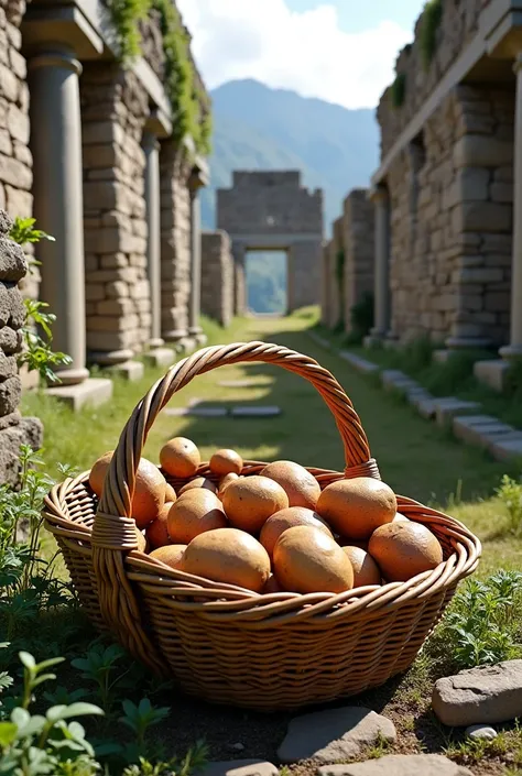 Ruins of inkallajta and potatoes in a basket