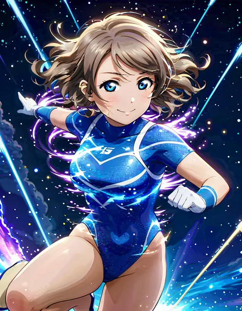 Best quality, masterpiece, high res, solo, solo focus, 8k, 1girl, id_you_watanabe, full body shot, superhero, (leotard, blue competition swimsuit:1.2), (bare legs), ankle-high boots, wrist gloves, smile, looking at viewer, fix hands, space backdrop. (fast ...