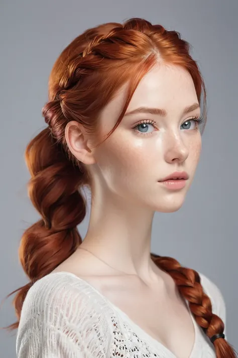 A tall young girl . 22 years old.  red hair , wavy,  is braided in a low ponytail . She has sharp cheekbones ,  perfect clean soft pussy ,  The heavy and confident look .  The birthmark under her right eye . in the style of realism. 