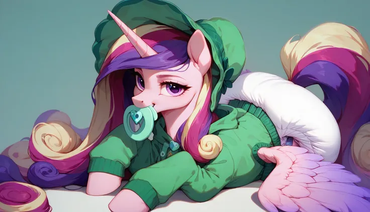 alicorn pony alone , princess cadence, adult mare, the mane is assembled in a green bonnet ,  purple eyes,  sits on a soft play mat , dressed in a green onesie,  green pacifier in her mouth , solo, thick diaper under clothes,  simple background. 