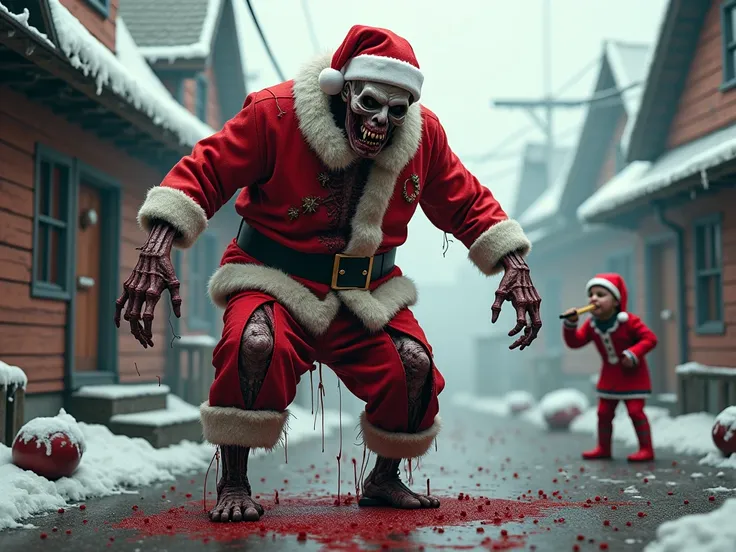 full-body shot of SantaClaus is a bloodthirsty zombie (Santa costume, Santa hat, Rotting flesh, exposed bones, open wounds, broken leg, bite marks, fresh scars, missing one eye, arm out of socket, horror scene). Background is a Christmas village spattered ...