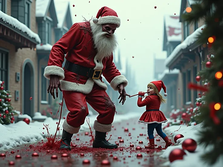 full-body shot of SantaClaus is a bloodthirsty zombie (Santa costume, Santa hat, Rotting flesh, exposed bones, open wounds, broken leg, bite marks, fresh scars, missing one eye, arm out of socket, horror scene). Background is a Christmas village spattered ...