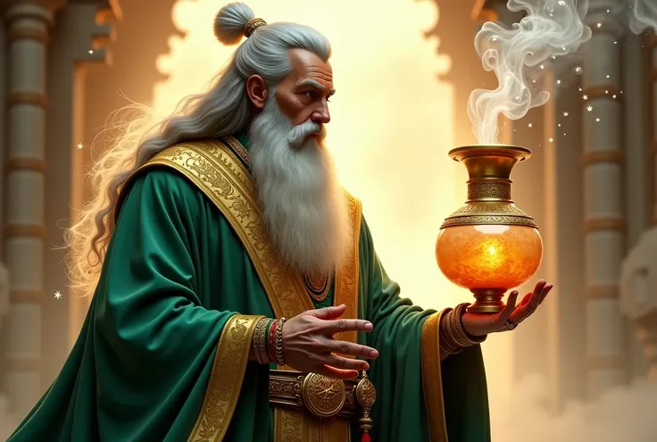 " A wizard king in green and gold robes ,  with exotic details from oriental cultures ,  holds a small ornamented alabaster vase containing myrrh . O close foca no vaso,  highlighting his delicate engravings and the subtle brightness of his surface .  The ...