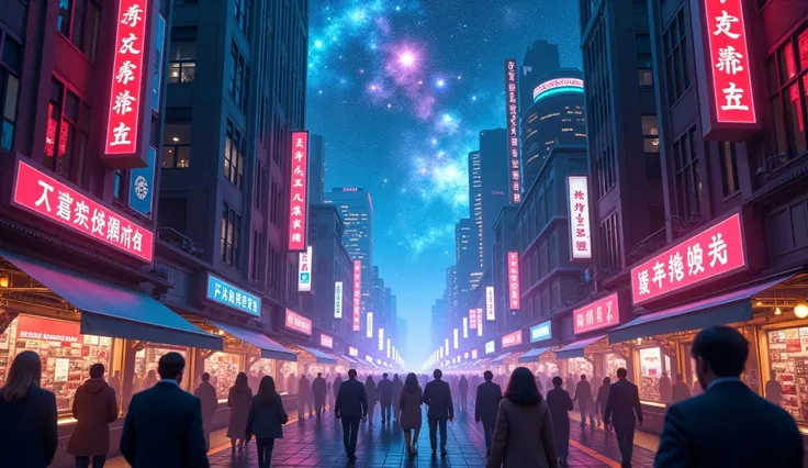 A bustling city scene at night with bright neon lights and a starry sky above. The streets below are illuminated by the cosmic glow, symbolizing how planetary transits affect daily life. The atmosphere feels alive with energy. --ar 16:9
