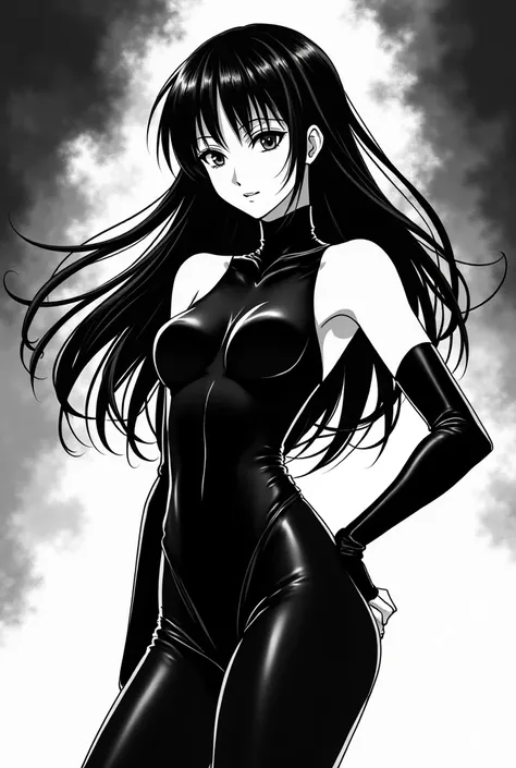 Give me an image of the singer Cosmic in black and white one-piece anime style 