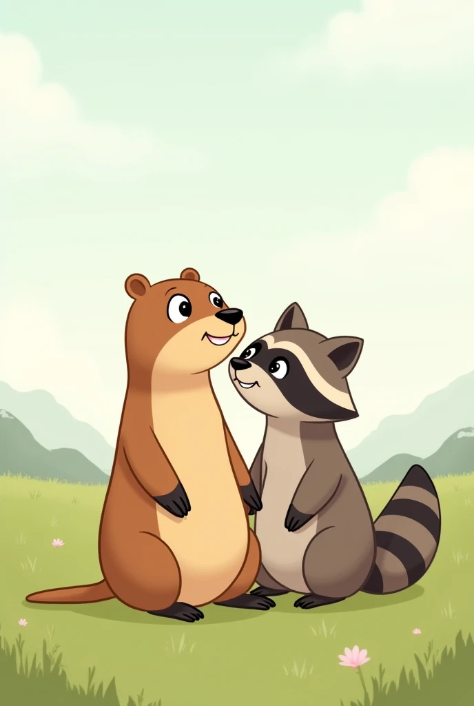 cartoon of a slender male capybara and a female raccoon sitting in the field, 2d design without much detail 