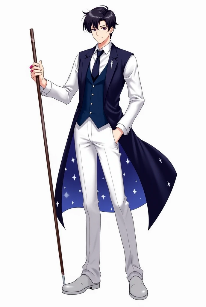 Male, medium height, with navy eyes, bro flow haircut, He wears white shirt, navy vest, navy neck tie, navy long tailcoat with white star pattern lining, white pants and shoes and two ruby rings. He have a catalyst staff.