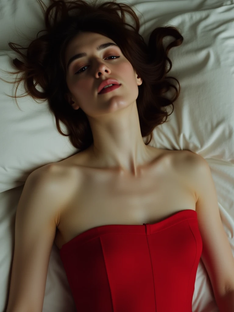 daisyflx, picture from above, lying limp on a bed on back, red strapless dress, sleeping, closed eyes, head tilt, mouth slightly open