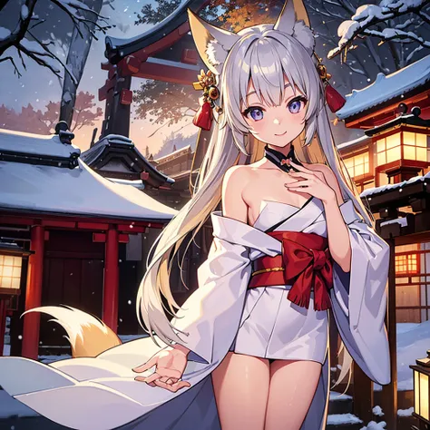 ((masterpiece)), ((best quality)), (ultra-detailed), Japanese shrine, winter sky, snow effect, blonde hair, silver eyes, jewel-like eyes, smile, Kimono, fox ears, ear hair, fox tail, girl, solo, flat chest, slim figure, perfect anatomy