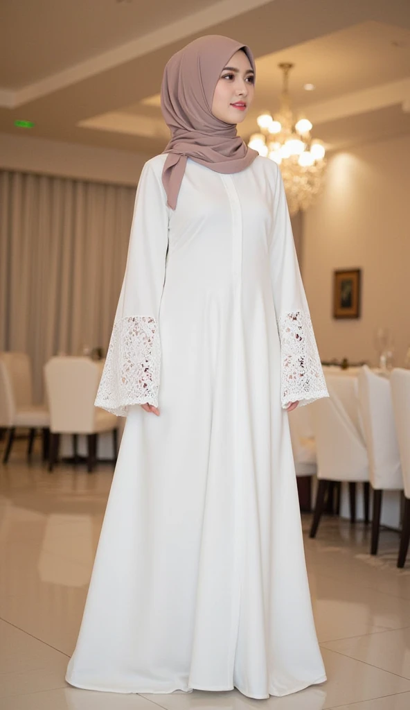 A woman wearing a hijab, a white abaya, and wide guipure sleeves in the reception hall.A woman wearing a hijab, a white abaya, and wide guipure sleeves in the reception hall.