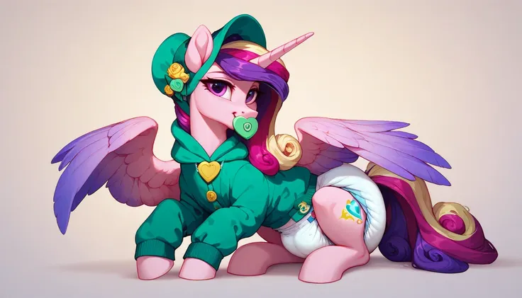 alicorn pony alone , princess cadence, adult mare, the mane is assembled in a green bonnet ,  purple eyes,  sits on a soft play mat , dressed in a green onesie,  green pacifier in her mouth , solo, thick diaper under clothes,  simple background. 